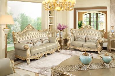 China Luxury Living room Furniture European style Leather Sofa set wood flower by Joyful Ever for sale