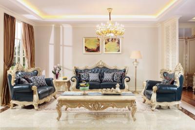 China European style Luxury Leather Sofa set wood carving by Joyful Ever Living room Furniture for sale