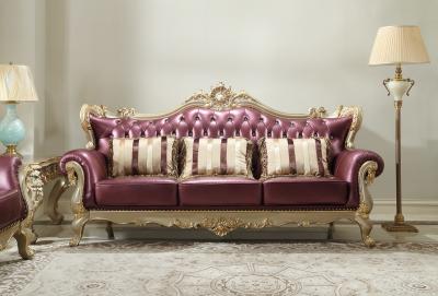 China Purple Genuine leather three seat Sofa in Luxury carving Furniture European Joyful Ever for sale