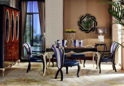 China Luxury room New classic Furniture Dining Tables and Wine Cabinet in glossy painting with Fabric Upholstered Chairs for sale