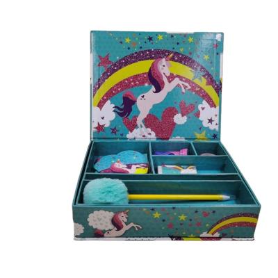 China Children Drawing Writing 45pcs Education Unicorn Writing Set Toy Sticker Spark Paper Board Color Design Box Set Stationery Magic Set for sale