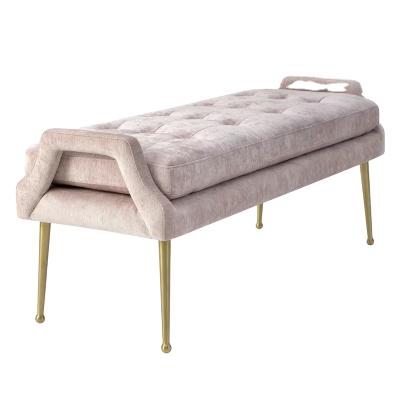 China High-end entry, living room, or bedroom along velvet upholstered steel metal bench with cushions for sale