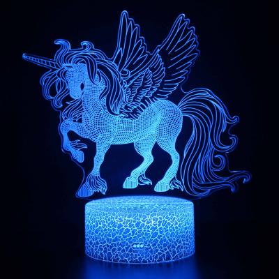 China Modern Optical 3D Illusion Unicorn Night Light 16 Color with USB Remote or 3 x AA Baby Night Light Battery Operated Lamp for sale