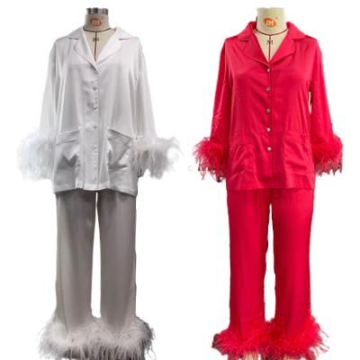 China Designer Style Long Sleeve Solid Color Custom Women Breathable Satin Pajamas Feather Feather Sleepwear Two Piece Sets for sale