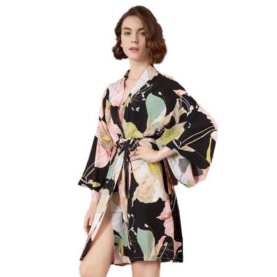 China Long Strap Women Sleepwear Cotton Robes Summer Ladies Long Robe Home Clothes Floral Print Kimono Female Sleeve QUICK DRY Simple QUICK DRY Long Robe for sale