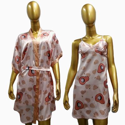 China Custom QUICK DRY QUICK DRY Two Piece Pajamas Sets Wholesale Long Cami Night Dress Silky Robe Women's Satin Print PJ Pajamas Robe for sale