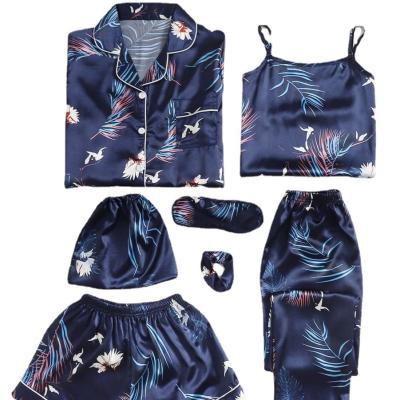 China Hot Sale Floral Print Comfortable Silky Satin QUICK DRY 7 Piece Sleepwear QUICK DRY Pajamas Sets Silk Pajamas Sets Women Sleepwear for sale