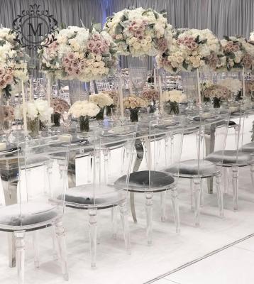 China Acrylic Clear Back Dining Chair Modern Elegant Fabric Cushion Bridal Wedding for sale