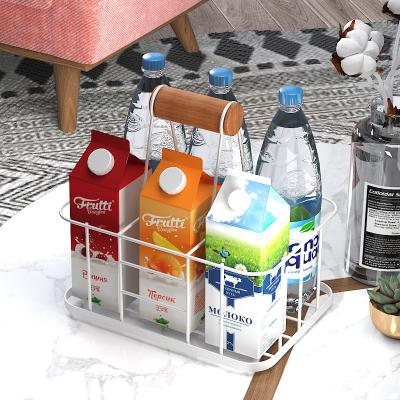 China Viable ALL IN ONE Kitchen Carrier Wire Metal Threshold Milk Bottle Case with Wooden Handle at Factory Price for sale