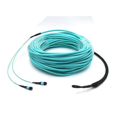 China FTTH 24 Fiber Optic MPO-MPO Patch Cord 24 Core OM3 Aqua MPO Cable With Pull Nail for sale