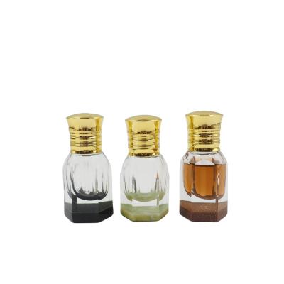 China Fancy Personal Care Crystal Base Polished Pocket Attar Glass Tola Oud Oil Hexagon Bottle With Zamac Cap for sale