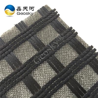 China Industrial coated fiberglass geogrid composite with nonwoven fabric for sale