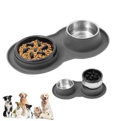 China New Design Custom Sustainable 4 in 1 Anti Clogging Food Feeding Feeder Stainless Steel Slow Feeder Dog Rolls Double Bowl Silicone Pet for sale