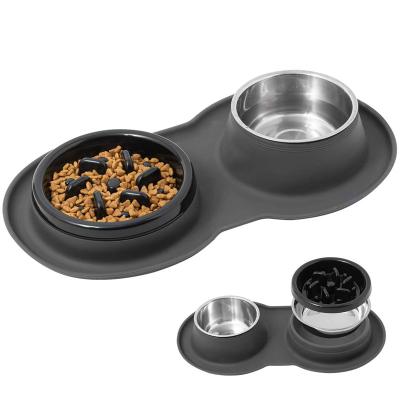 China New Design Custom Sustainable 4 in 1 Anti Clogging Food Feeding Feeder Stainless Steel Slow Feeder Dog Rolls Double Bowl Silicone Pet for sale