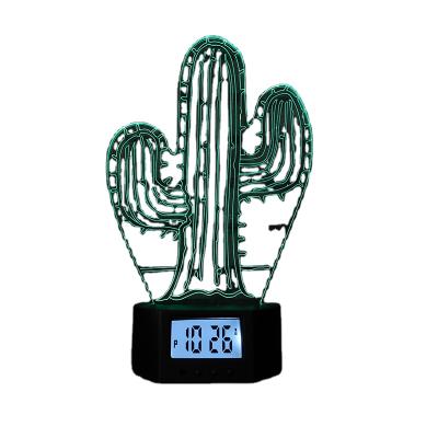 China Modern Cactus Plant 3D Time Clock Lamp Touch Sensor RGB Acrylic Remote Control Night Light Serious Acrylic Remote Control Light For Gift for sale