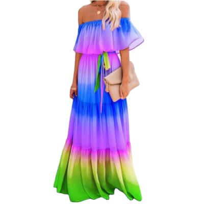 China Gradient Maxi Colorful Loose Hem Long Floor Length Anti-Wrinkle Dresses Anti-Wrinkle Women Full Dresses Off Shoulder Pleated Gauze One-Piece Clothing Summer for sale