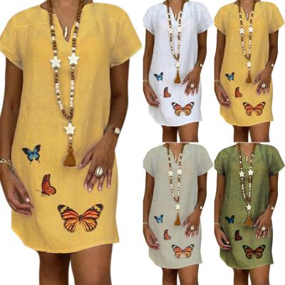 China Summer 3d Print Breathable Woman Butterfly V Animal Collar Dresses Casual Loose One Piece Maxi Dresses Plus Size 245xl Short Sleeve Canvas Cotton for sale