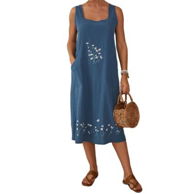 China Vintage Solid Breathable Straight Casual Straps Embroidery Sundress Floral Sundress Dresses Plus Size 2345xl One-Piece for sale