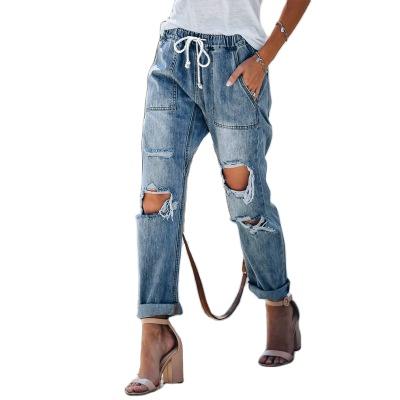 China New European and American QUICK-DRY women's QUICK-DRY jeans ripped retro straight drawstring tube slimming casual cool jeans fashionable jeans for sale