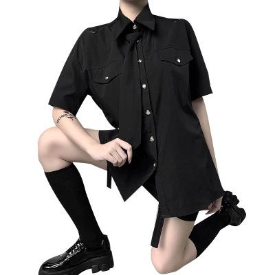 China new Anti Wrinkle Tie Shirt For Women With Preppy JK Shirt, CSI Street Wear Dark Black Loose Skinny Top Cool Shirts for sale