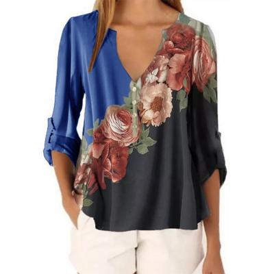 China Floral Print V Neckline QUICK DRY Women Fall Fashion Vintage Chiffon Loose T Shirts Full Sheath Casual Blouses Wholesale QUICK DRY Plus Size Tees Tops for sale