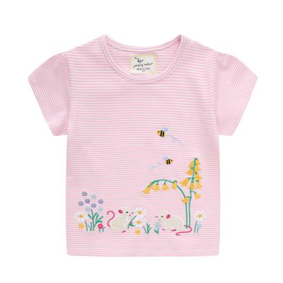 China Design Rose Applique Embroidery 100% Cotton Anti Shrink 160 Grams Striped Loose T-Shirts For Kids for sale