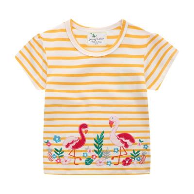 China High Quality Applique Round Flamingo Embroidery Round Flamingo Embroidery Anti-Shrink White Yellow Striped Yarn Dyed Neck Kids T-shirt for sale