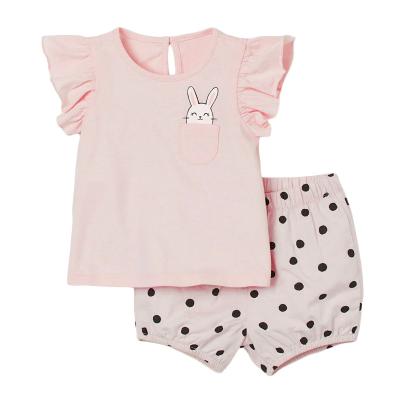 China Pink Colorful Fly Back T Shirts Set Sleeve Button Dots Decoration Baby Kids T Shirts And Short Set for sale