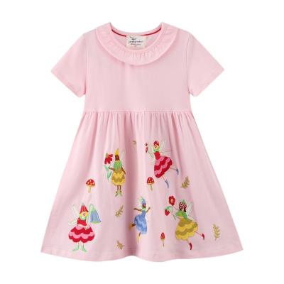 China Anti-wrinkle Pale Pink Colored Embroidery Applique Cute Design Short Sleeve Summer Casual Outfits For Girls Kids for sale