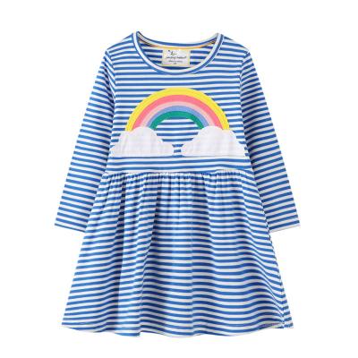 China Cute Vintage Appqlique Rainbow Long Sleeve Blue Striped Round Neck Anti-wrinkle Girls Dresses Kids for sale