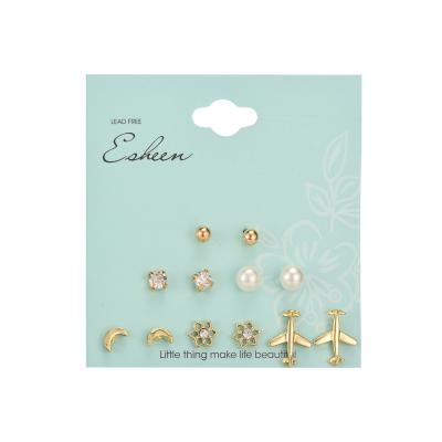 China New Arrival Korean Fashion Trendy 6 Pairs Pearl Moon Plane Multiple Stud Earring Set For Daily Wear for sale