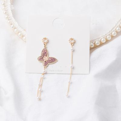 China CLASSIC Silver Needle Asymmetrical Diamond Set Butterfly Tassel Earrings FOR WOMEN for sale