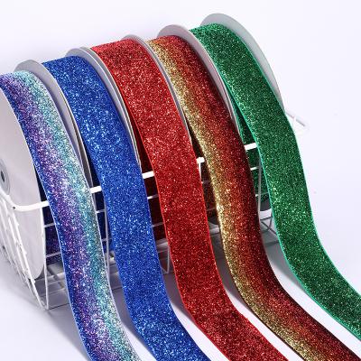 China Wholesale High Tenacity Glitter Velvet Ribbon Metallic Trim Shinning Red Green Black Color 7/8