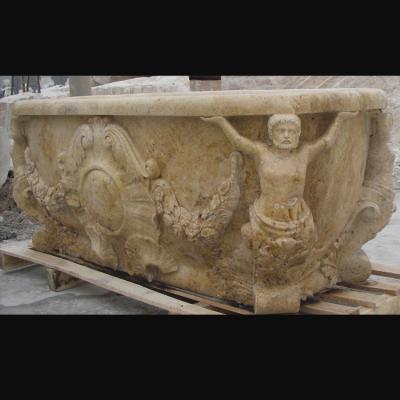 China Hotel Deocration Beige travertine bathtub with figure statue carving for bathroom,china sculpture supplier for sale