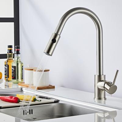 China Modern Modern 304 Stainless Steel Hot Cold Single Handle Brushed Nickel Pull Down Kitchen Faucet For Sink for sale