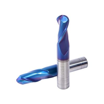 China Blue 6mm 2 flute hrc65 nano carbide coated bits solid carbide ball end mill bullnose tools for sale