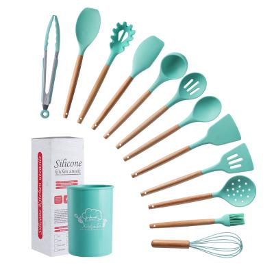 China Amazon Viable Hot Sale 13 PCS Wooden Handle Kitchen Tools Silicone Cooking Kitchen Utensils Set Set for sale