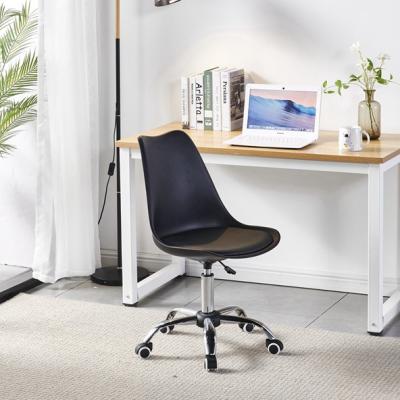 China Modern Design Sillas Height Adjustable Wheel Computer Ergonomic Rotation Black Plastic Seat Tulip Metal Base Office Chair With Cushion for sale