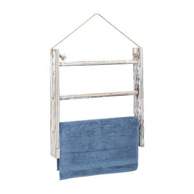 China Large Rustic Home Wall Hanging Wooden Towel Ladder Decor Rustic Bleached Wood Ladder Towels Rack With Adjustable Rope for sale