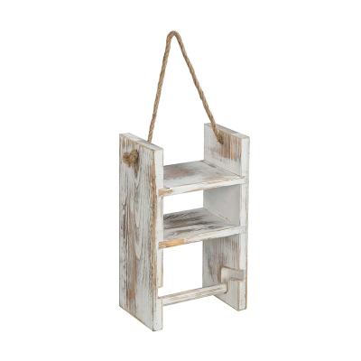 China Rustic Bathroom Accessories 3-Tier Wooden Towel Rack Wall Hanging Torched Wooden Towel Storage Ladder with Top Rope for sale