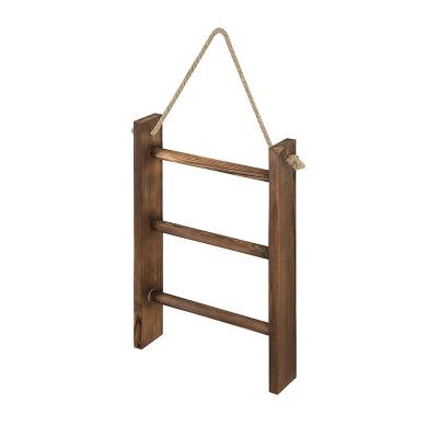 China Wall Hanging 3-Tier Rustic Bleached Wooden Mini Hand Towel Storage Ladder with Top Rope for sale