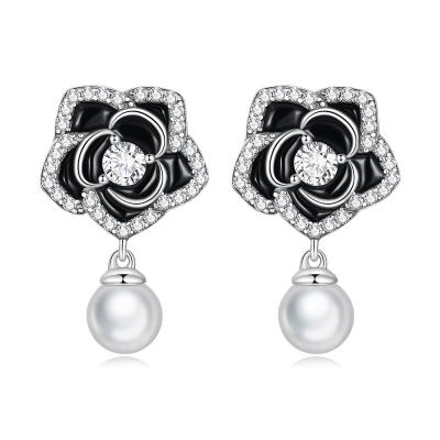 China Black Designer Jewelry Sterling Rose Flower Shell Pearl Enamel Earrings TRENDY New 925 Silver Fashion Women Drop Earrings for sale