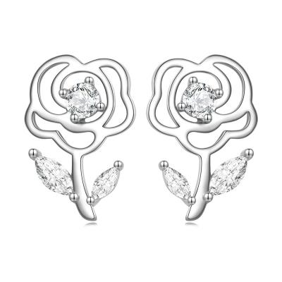 China FASHIONABLE Zircon Rose Flower Stud Earrings Sparkle Inlaid 925 Sterling Silver Dainty Earrings Studs for Women for sale