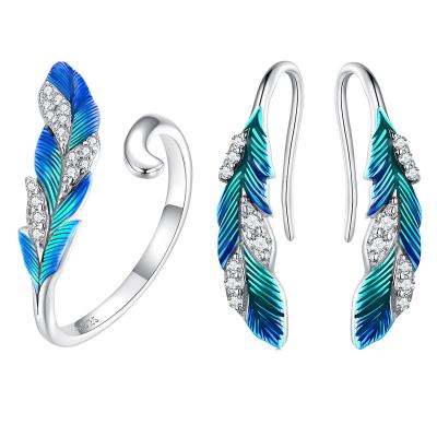 China SHIERO TRENDY White Gold Plated New Designer 925 Sterling Silver Enamel Feather Open Ring and Feather Drop Earrings Jewelry Sets for sale