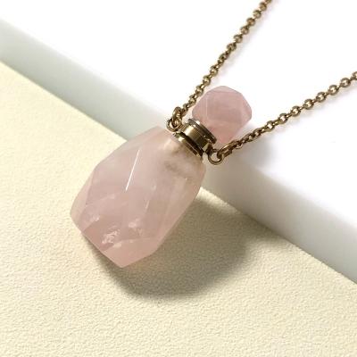 China Europe Natural Crystal Essential Oil Bottle With Stainless Steel Necklace 3ml Jade Stone Oil Bottle Gemstone Empty Perfume Bottle for sale