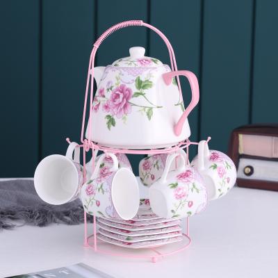 China QYD Products 13 Pcs Viable Color Box Packing New Ceramic Mug Teapot Cup Bone China Tea Set With Iron Stand for sale