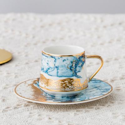 China QYD New Sustainable New Arrival Bone China 6 Coffee Cups Set Creative Waves Sprinkle Pattern Decal Gold Design Ceramic Cup And Saucer for sale