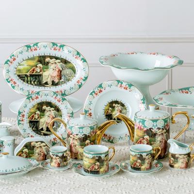 China Sustainable popular royal luxury high quality ceramic fine bone china dinner sets new style dinnerware sets green color blue luster for sale