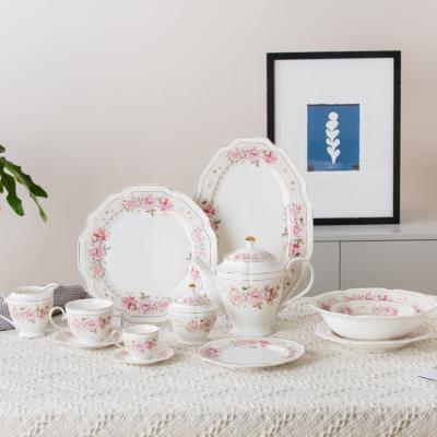 China QYD Sustainable Pink Rose Print Porcelain Dinnerware Bowl Dishes Ceramic Dinner Set for sale