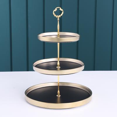 China QYD OEM Viable Hanging 2 Cake Two Fruit Rack Gold Round Multilayer Ceramic Snack Dish Multi Tool 3 Layer Tray for sale